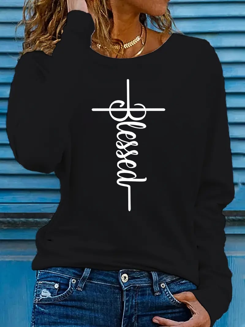 Women's Blessed Cross Jesus Printed Long Sleeve T-Shirt
