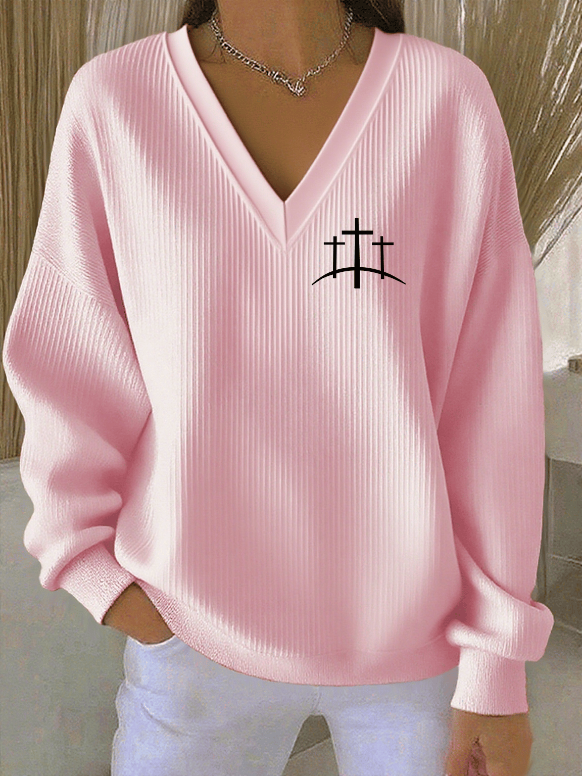 Women's Faith Print Knit V-Neck Long Sleeve Top