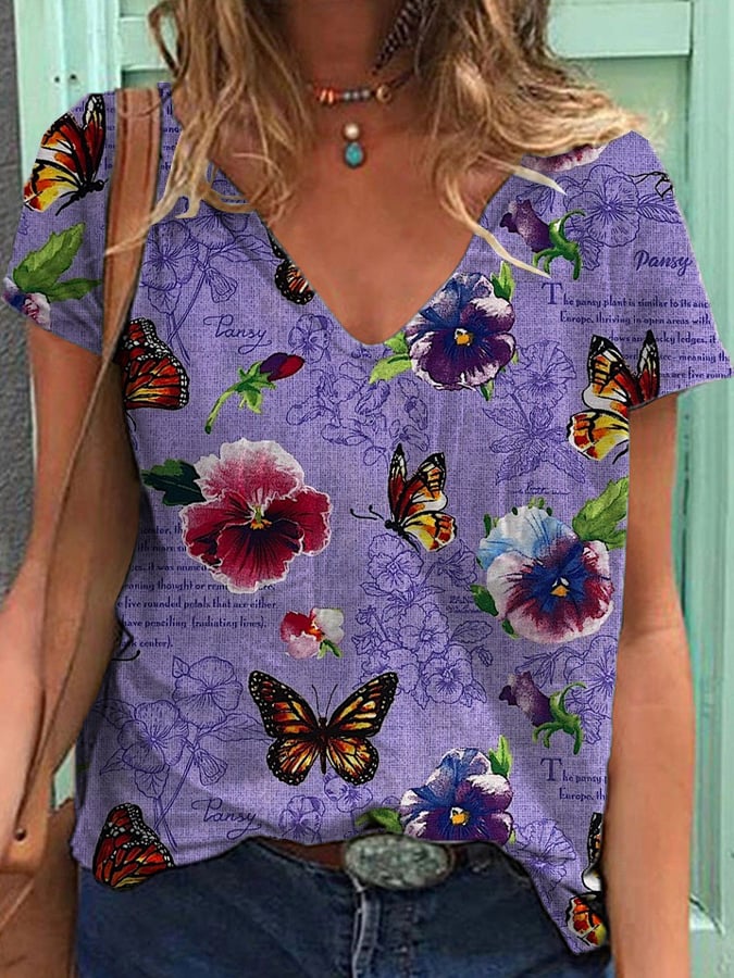 Women's Retro Botanical Floral Design Print T-Shirt