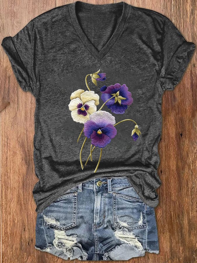 Women's Alzheimer's Awareness Purple Floral Print V-Neck T-Shirt
