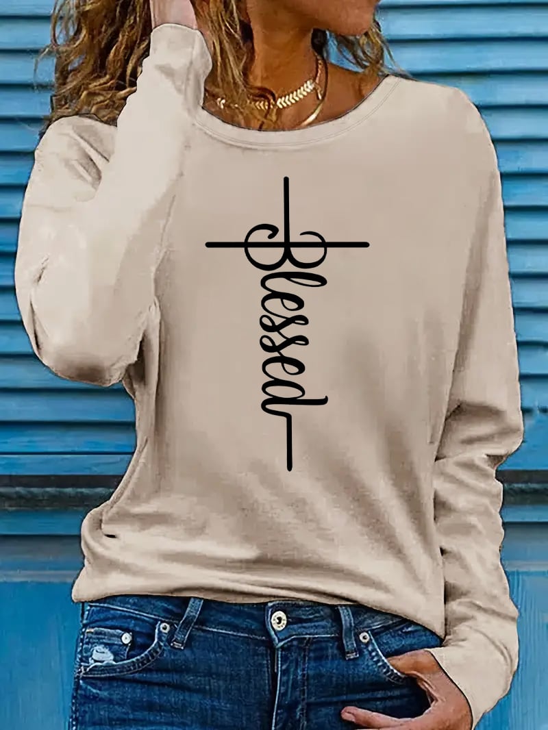 Women's Blessed Cross Jesus Printed Long Sleeve T-Shirt