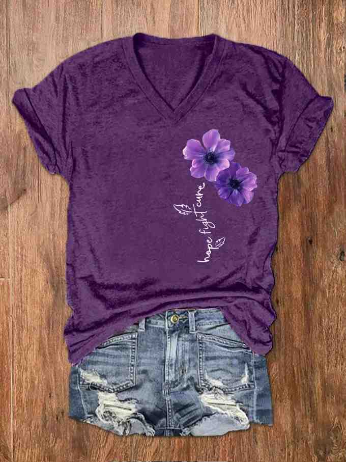 Women's Pansy Hope Fight Cure Dementia Alzheimer's Printed V-Neck T-Shirt