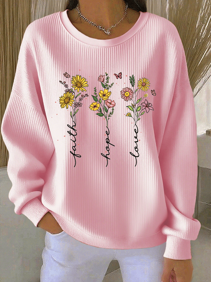 Women's Faith Print Knit Crew Neck Long Sleeve Top