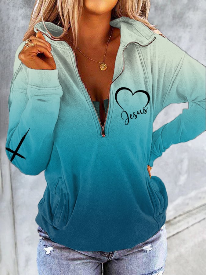 Women's Jesus Cross Faith Gradient Print Casual Zipper Collar Sweatshirt