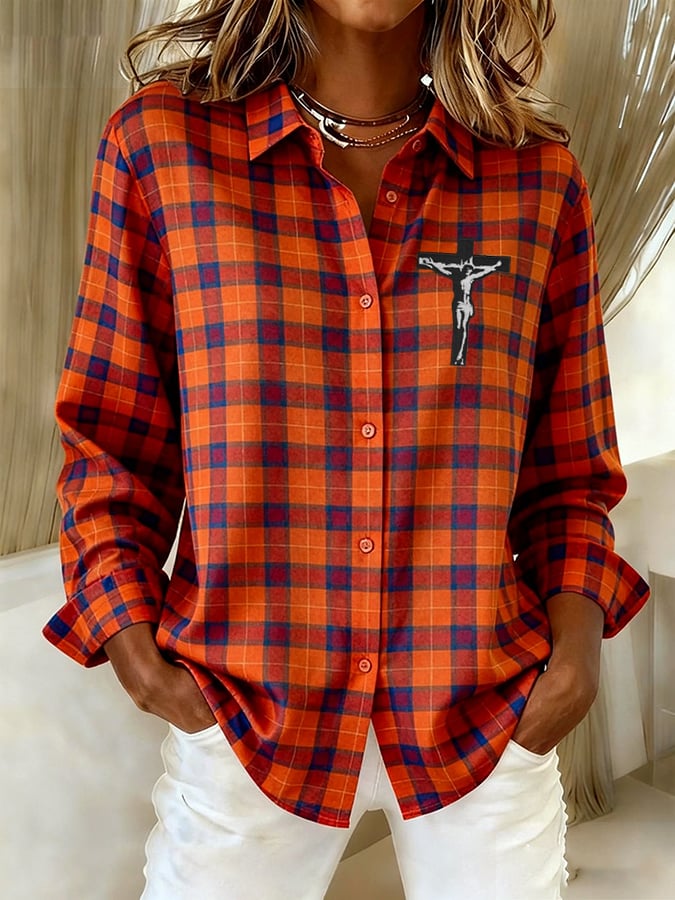 Women's Faith Plaid Art Print Linen Shirt