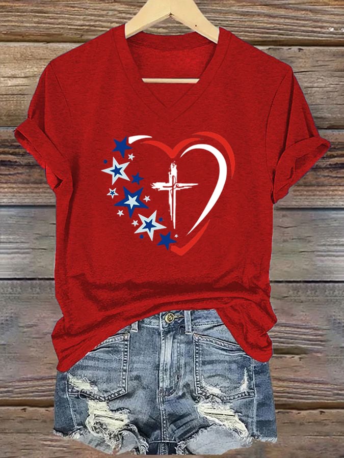 Women's American Flag Heart Printed Casual Top