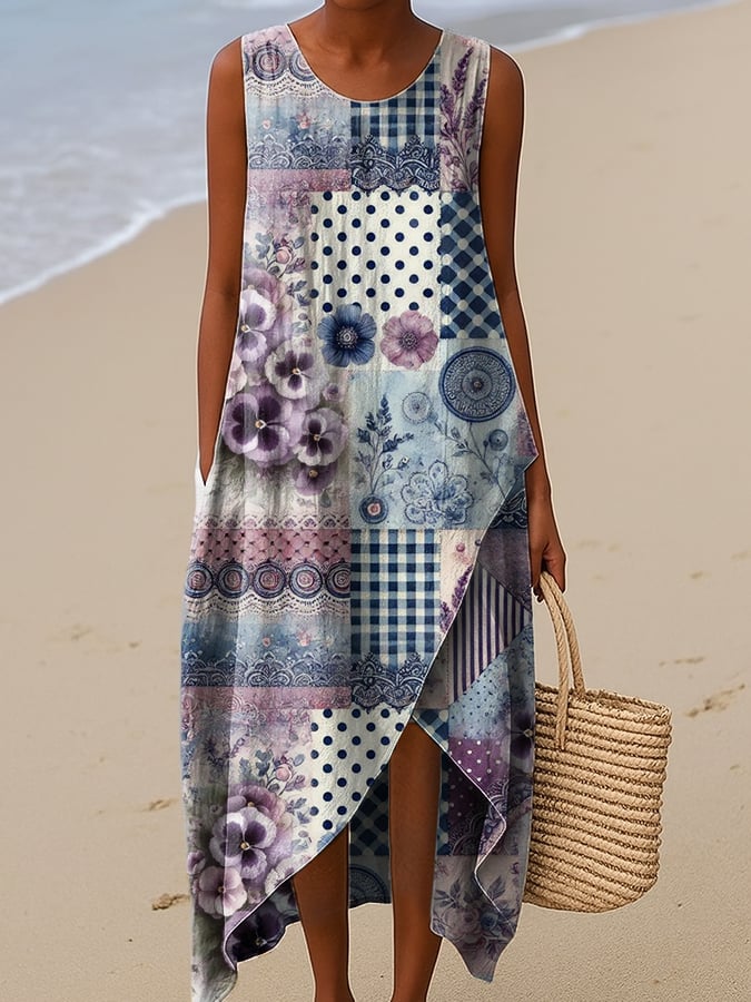 Women's Purple Retro Floral Polka Dot Plaid Mixed Print Irregular Hem Sleeveless Dress