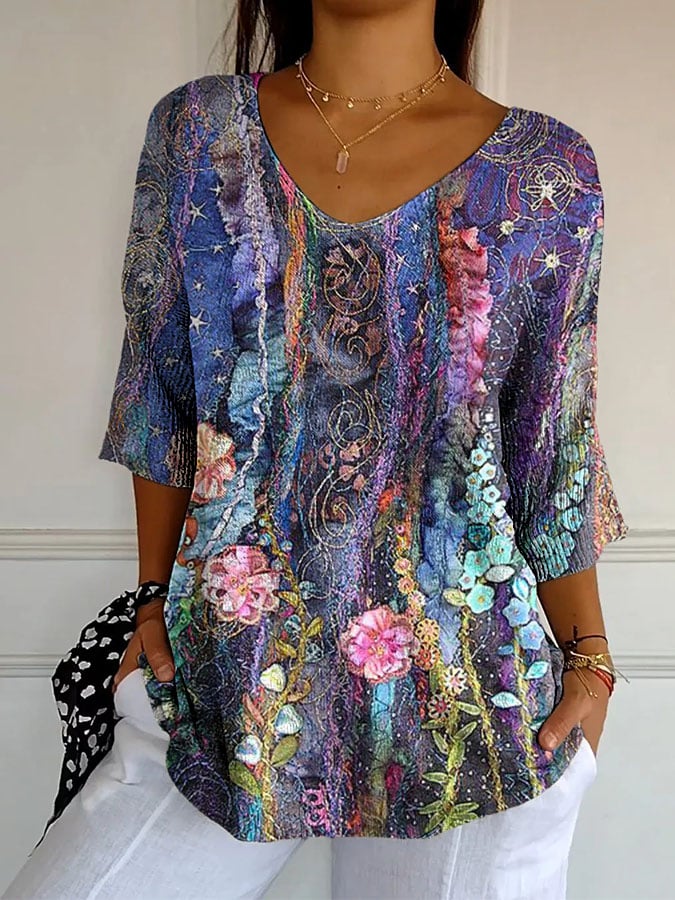 Women's Retro Purple Floral Print Shirt