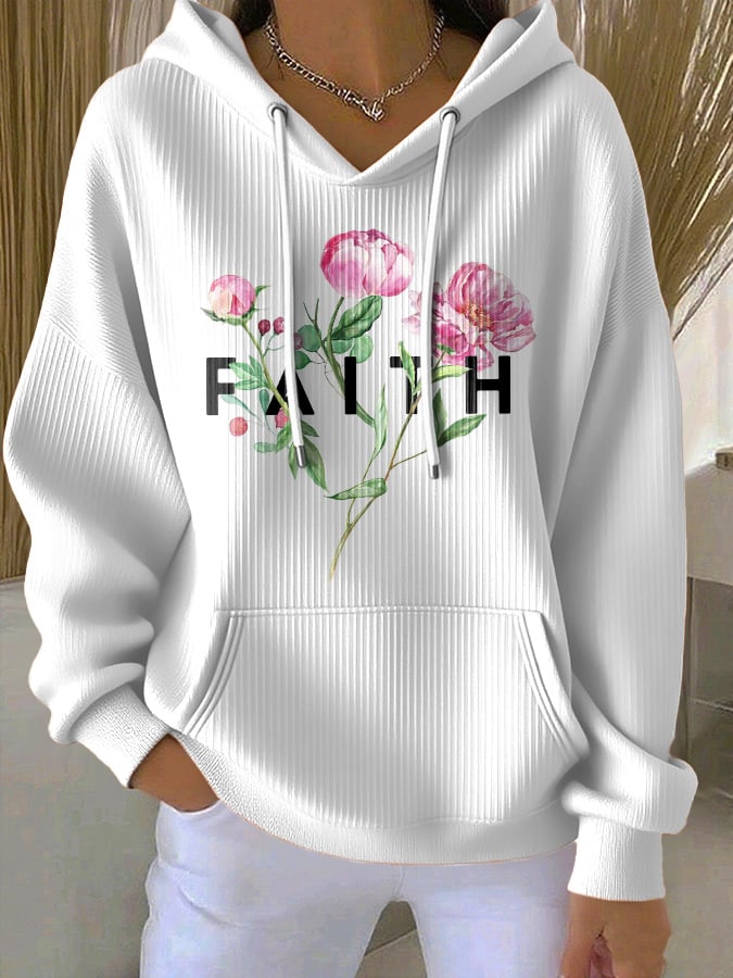 Women's Casual Floral Faith Textured Hoodie