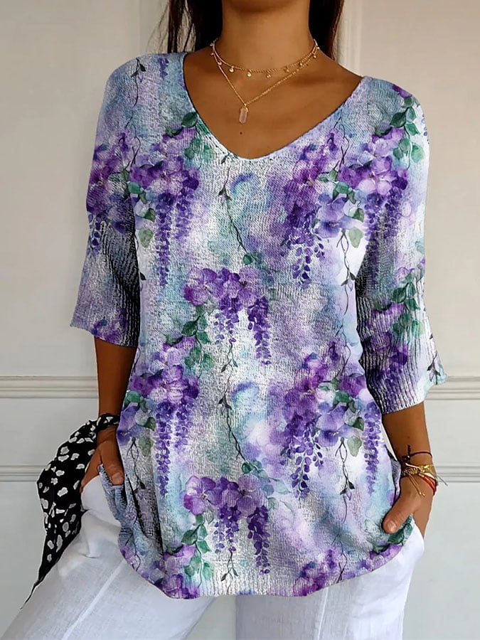 Women's Retro Purple Floral Print Shirt