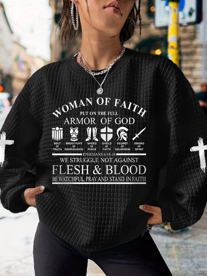 Woman Of Faith Put On The Full Armor Of God Casual Waffle Sweatshirt