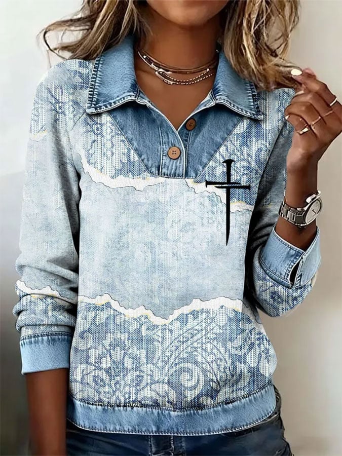 Women's Casual Faith Print Lapel Long Sleeve Top