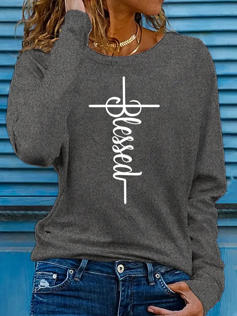 Women's Blessed Cross Jesus Printed Long Sleeve T-Shirt