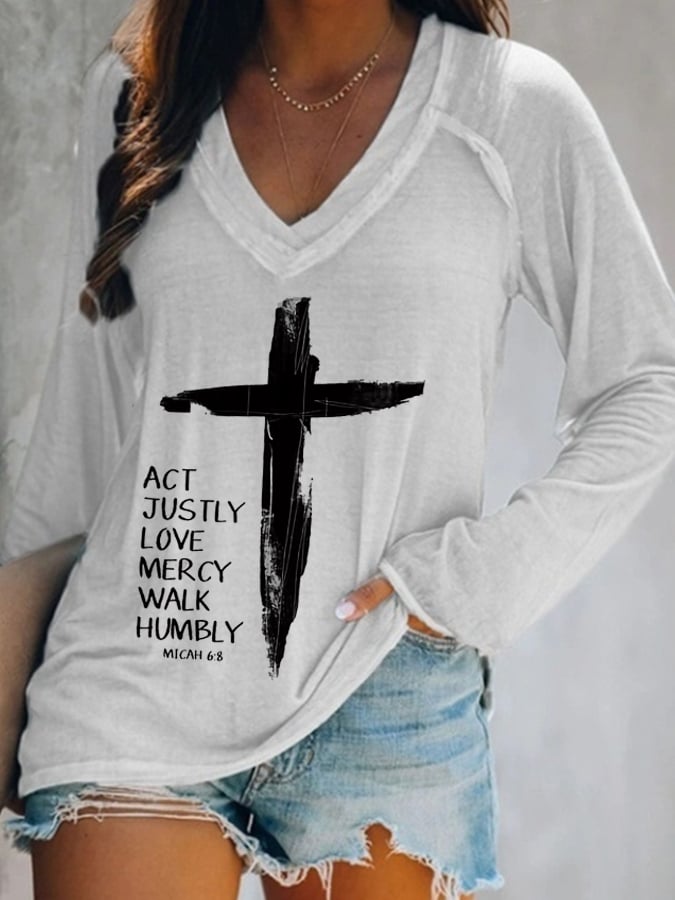 Women's Act Justly Love Mercy Walk Humbly-Micah 6:8 Cross Print V-neck T-shirt