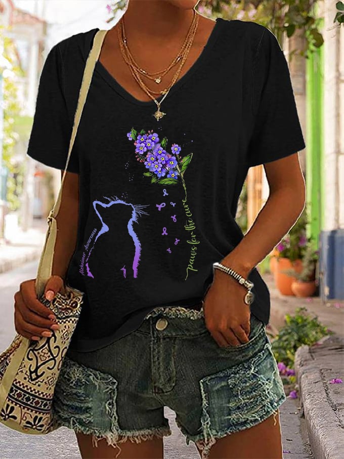 Women's Paws For The Cure Dementia Alzheimer's Disease Awareness Print V-Neck T-Shirt