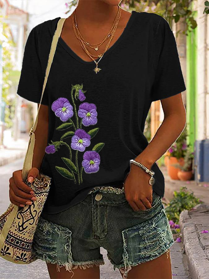 Women's Purple Flower Alzheimer's Awareness Support Print Casual V-Neck Tee