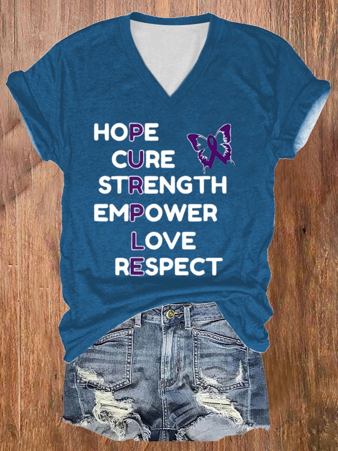 Women's Alzheimer Awareness Purple Butterfly Fighting Print T-Shirt