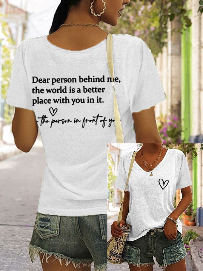 Women's Faith Dear Person Behind Me Cross Print V Neck T-Shirt