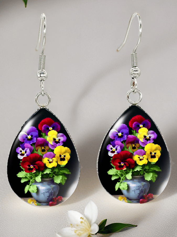 Purple Drop-Shaped Pansy Flower Design Earrings