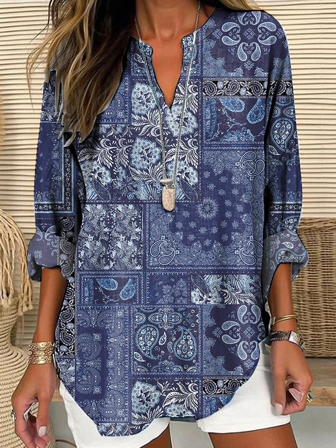 Women's Purple Patchwork Art Cotton And Linen Shirt