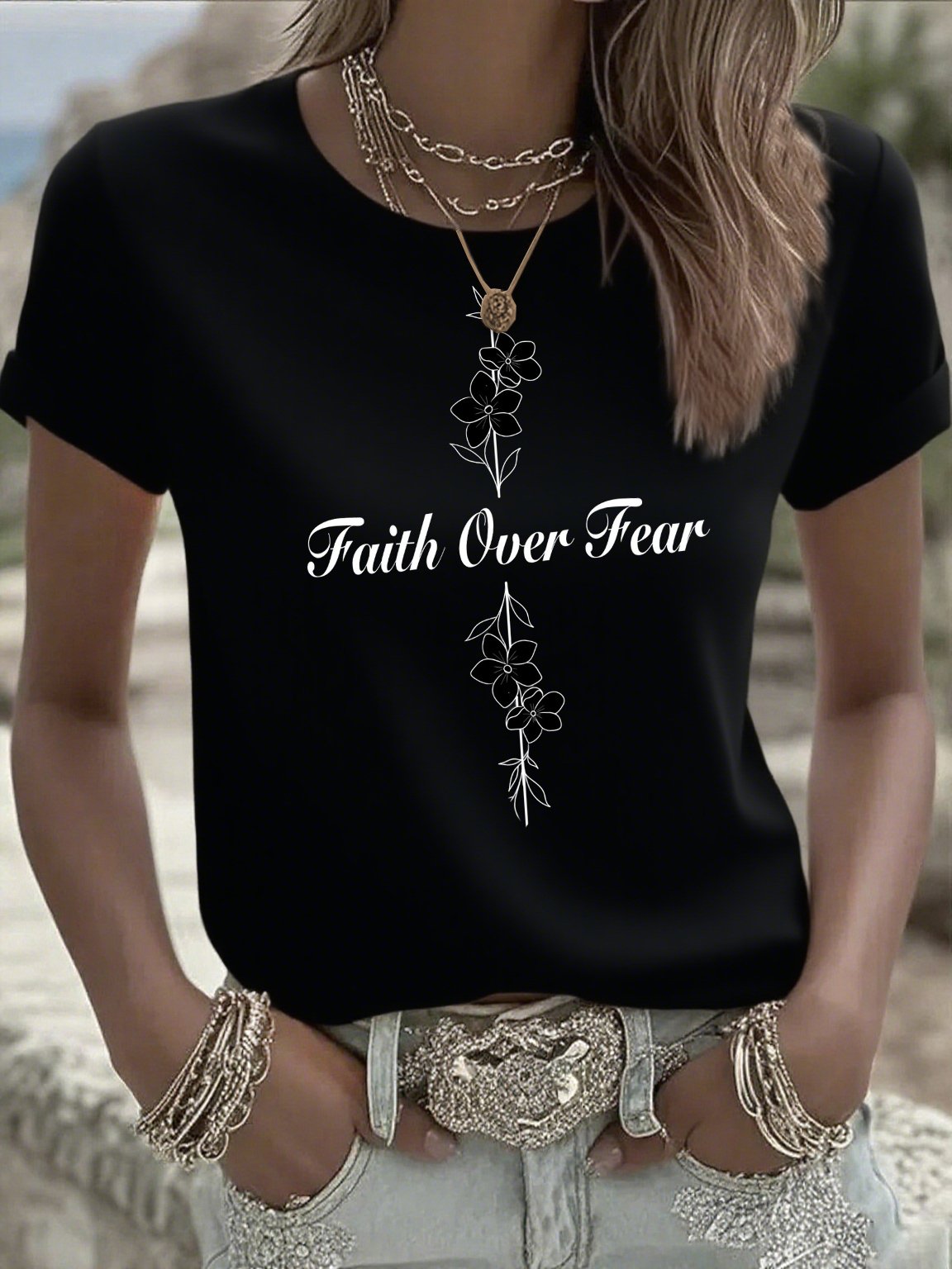 Women's Casual Faith Overcomes Fear Cross T-Shirt