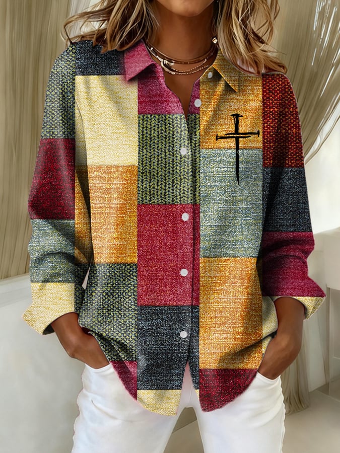 Women's Casual Autumn And Winter Retro Color Block Contrast Faith Shirt