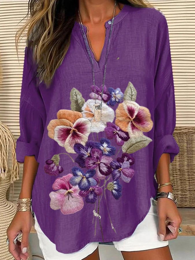 Women's Alzheimer's Floral Print Casual Long Sleeve V-Neck Shirt
