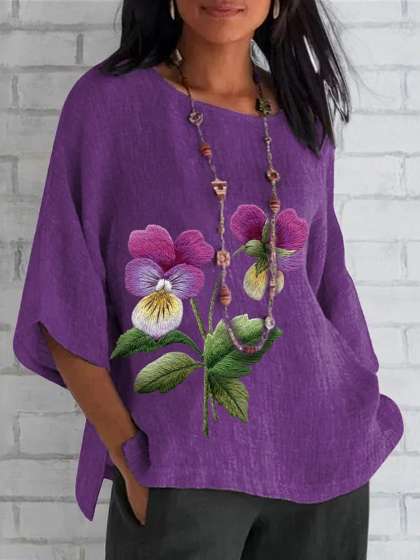Women's Round Neck Purple Floral Print Round Neck Loose Shirt