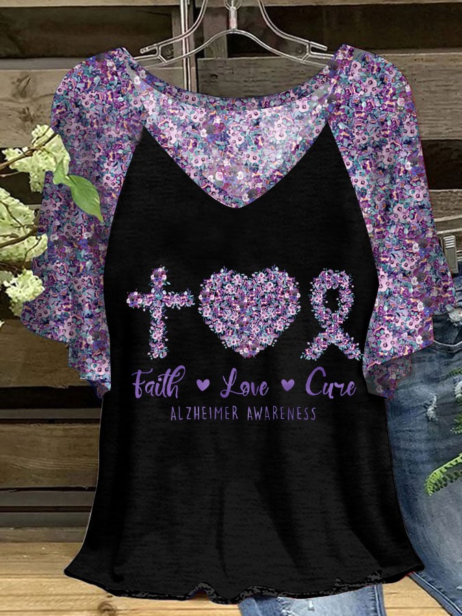 Women's Faith Love Cure Dementia Alzheimer's Awareness Printed V-Neck T-Shirt