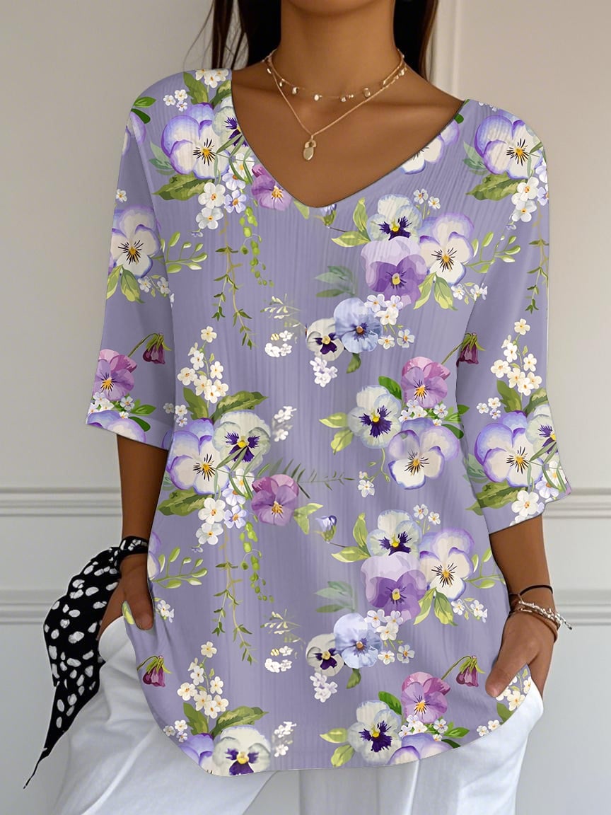 Women's Purple Floral Long Striped T-shirt