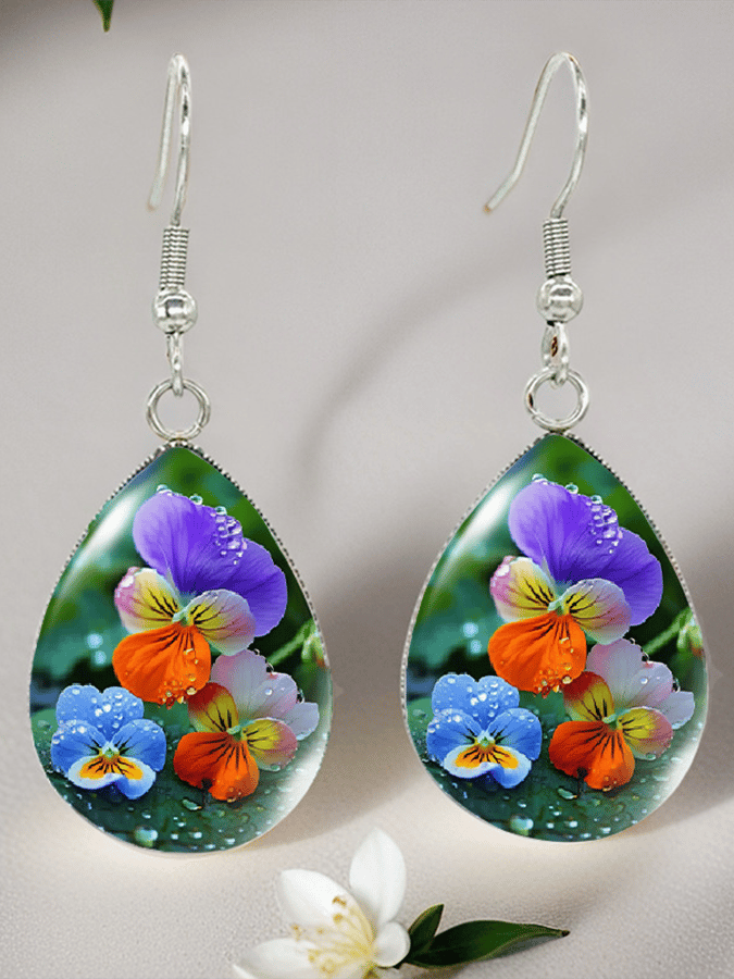 Purple Drop-Shaped Pansy Flower Design Earrings