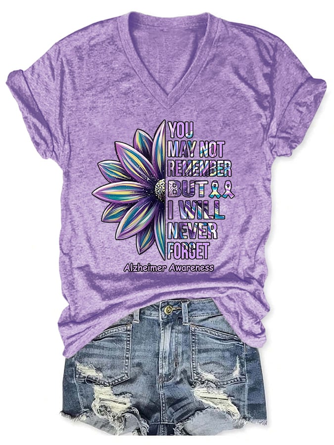 V-neck Retro Alzheimer's Awareness You May Not Remember But I Will Never Forget T-Shirt