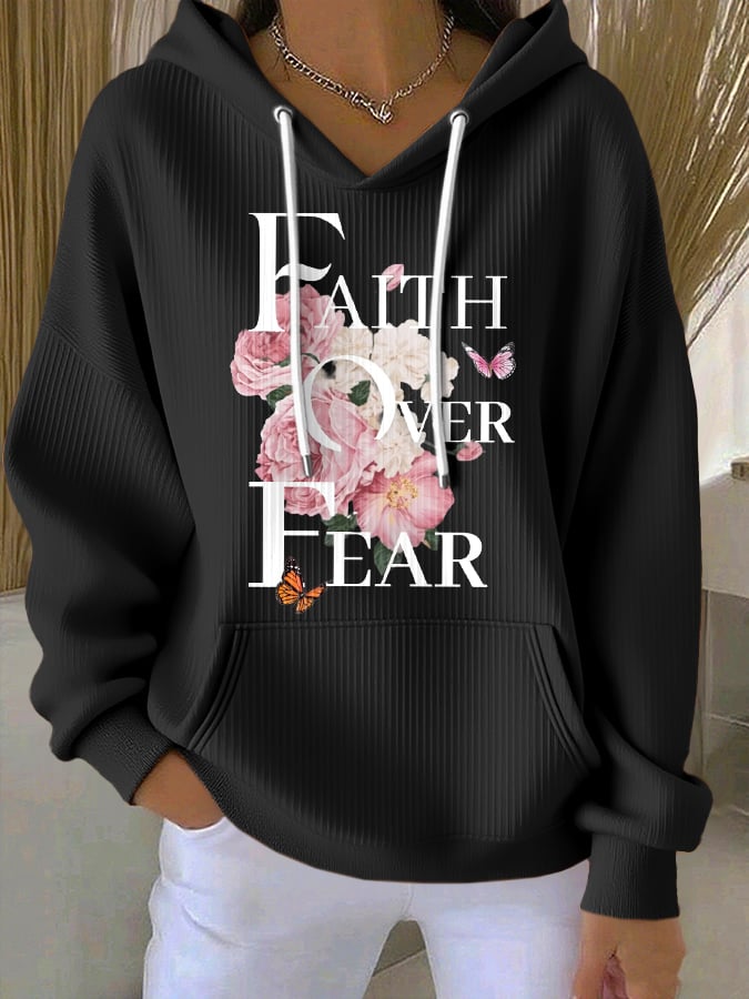 Women's Casual Faith Over Fear Textured Hoodie