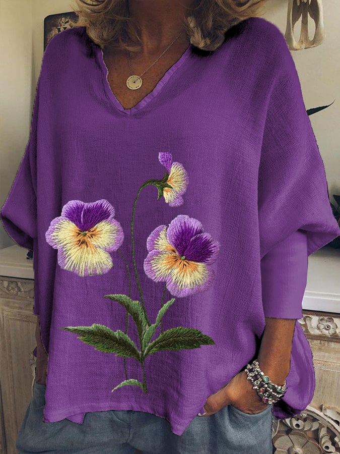 Women's Cotton And Linen Purple Floral V-Neck Top