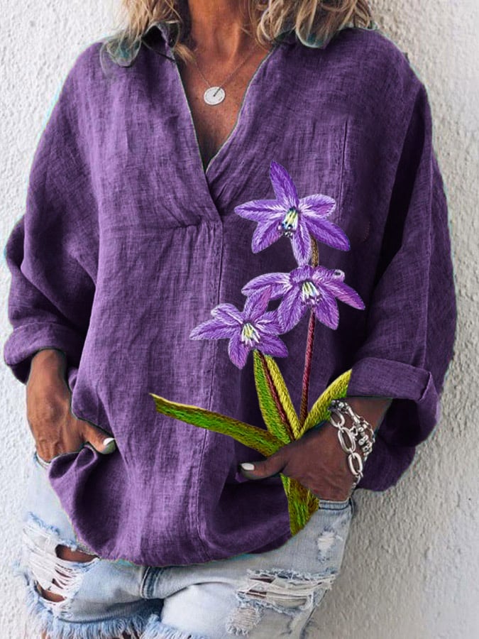 Women's Cotton And Linen Purple Floral V-Neck Top