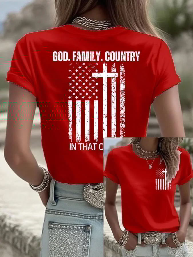 Women's God Family Country In That Order Print Round Neck T-shirt