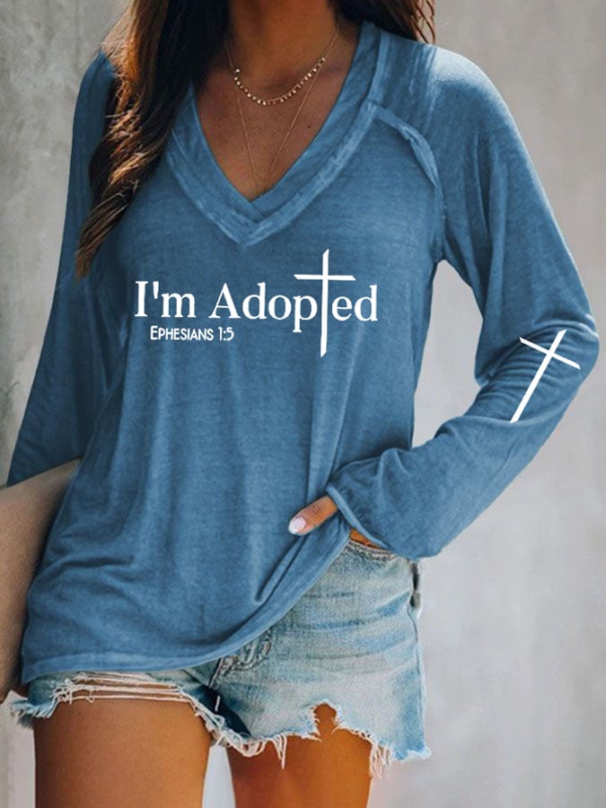 V-neck Retro I'm Adopted Ephesians 1:5 Print T-Shirt