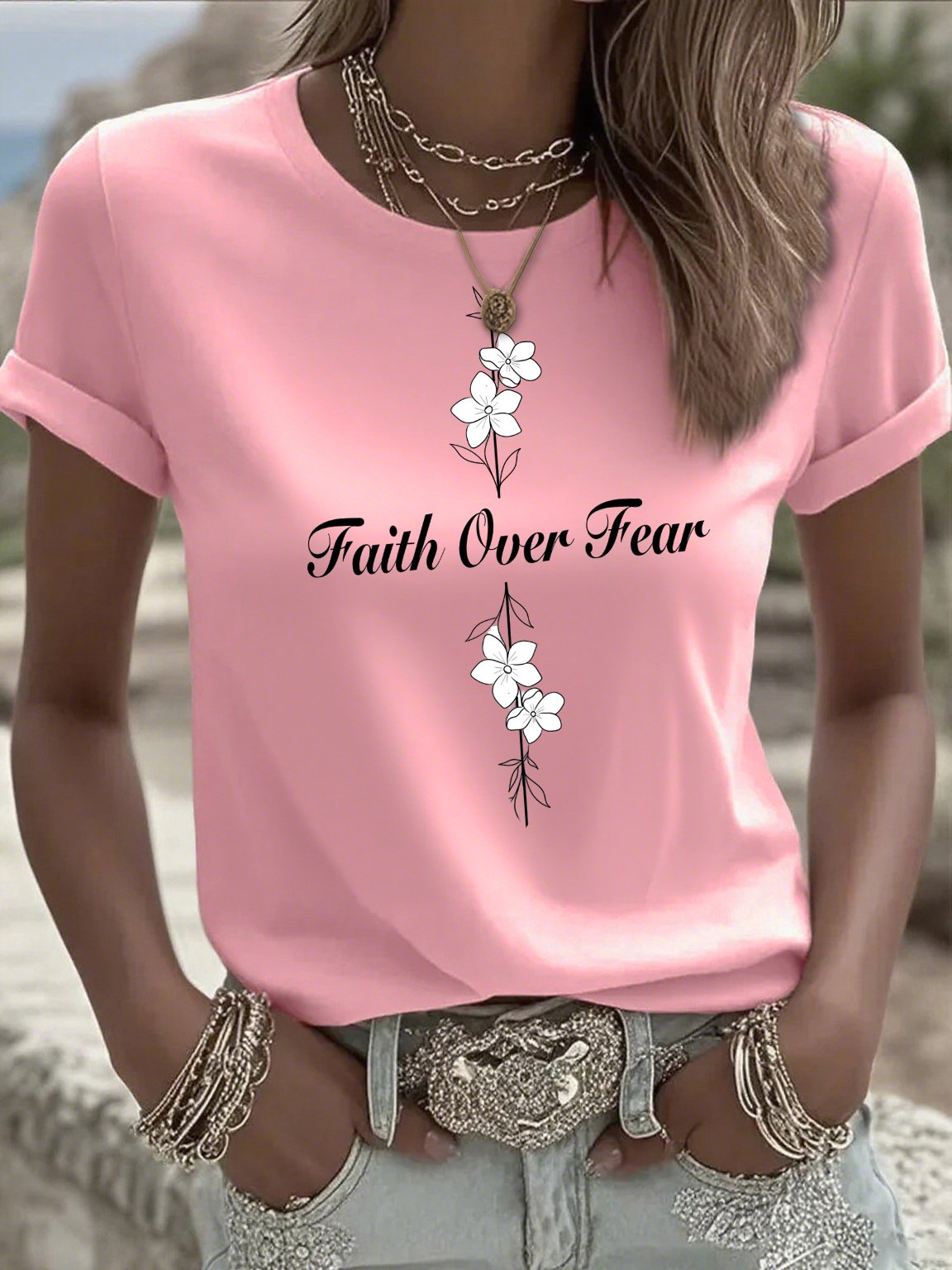 Women's Casual Faith Overcomes Fear Cross T-Shirt