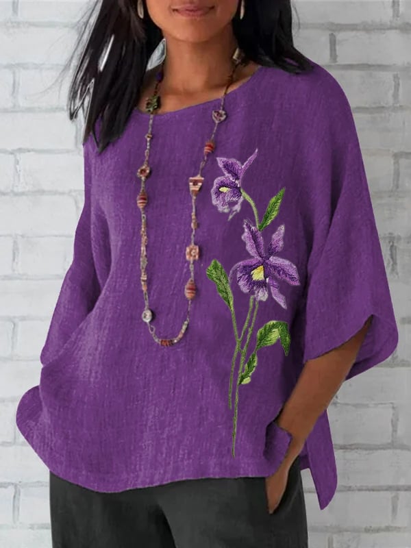 Women's Round Neck Purple Floral Print Round Neck Loose Shirt