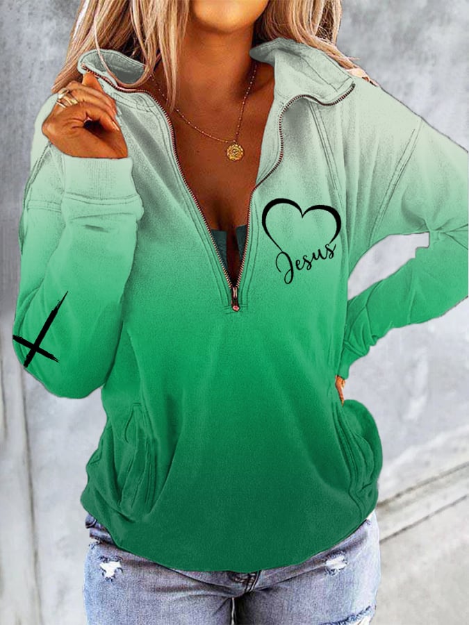 Women's Jesus Cross Faith Gradient Print Casual Zipper Collar Sweatshirt