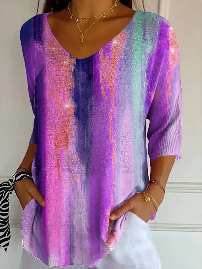 Women's Casual Retro Purple Art Striped T-Shirt