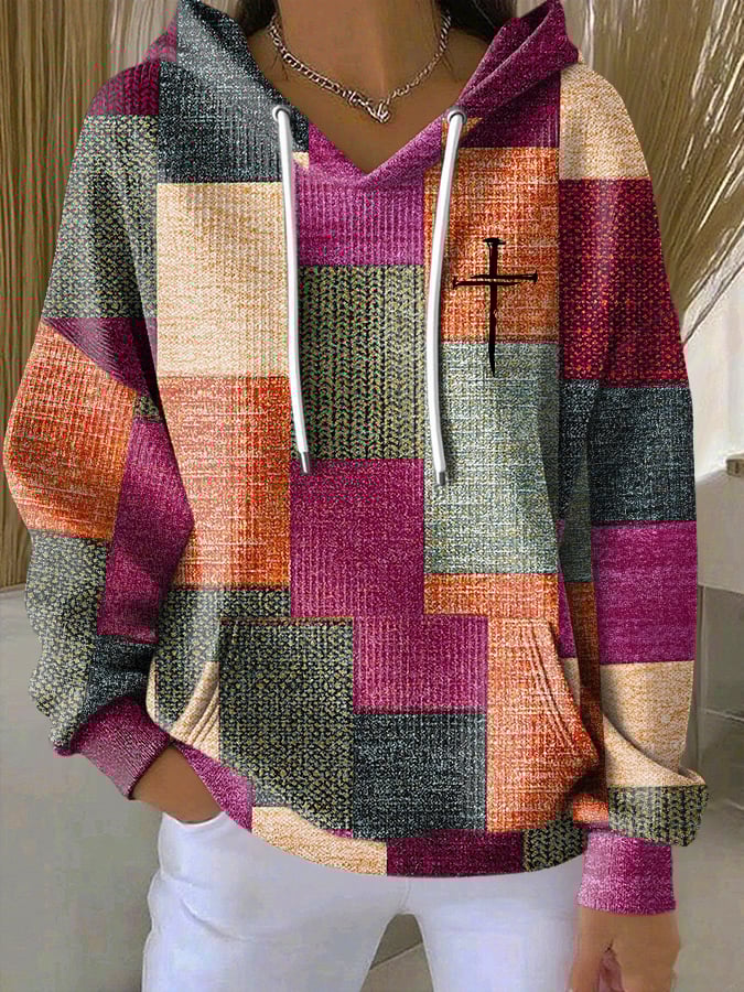 Women's Casual Retro Contrast Color Block Faith Hoodie