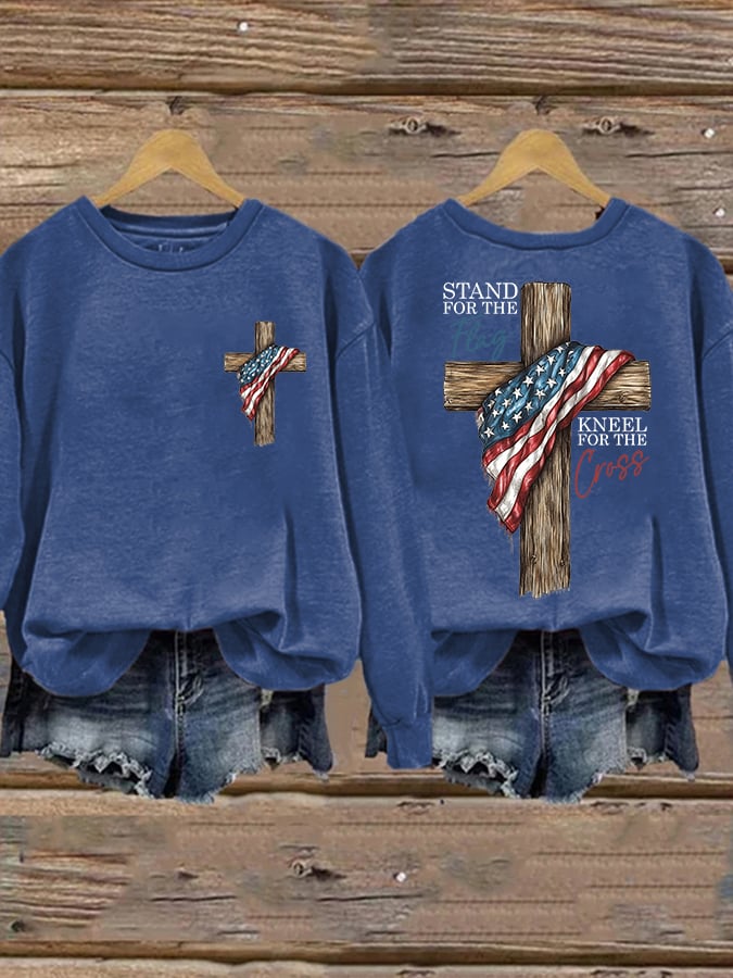 Women's Faith Stand for the Flag, Kneel for the Cross Printed Crew Neck Sweatshirt