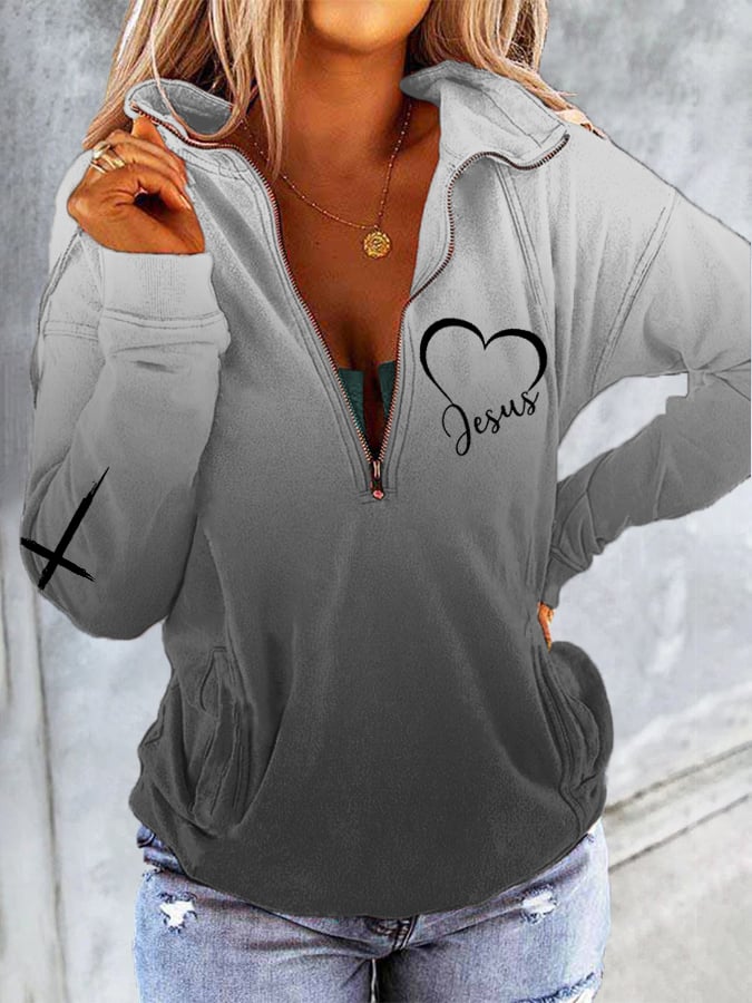 Women's Jesus Cross Faith Gradient Print Casual Zipper Collar Sweatshirt