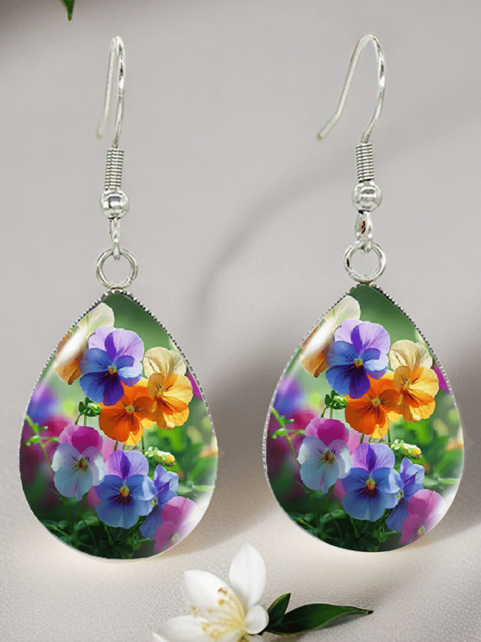 Purple Drop-Shaped Pansy Flower Design Earrings