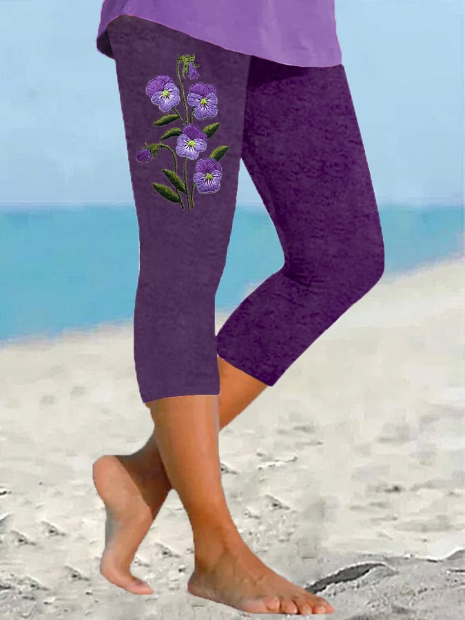 Women's Purple Flower Alzheimer's Awareness Support Cropped Leggings