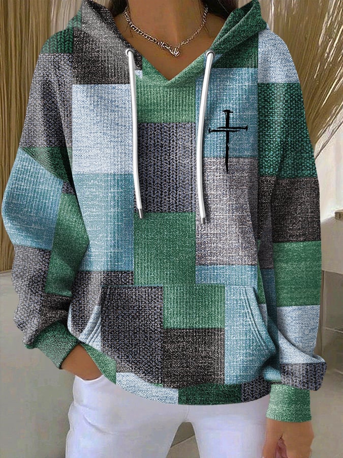 Women's Casual Retro Contrast Color Block Faith Hoodie