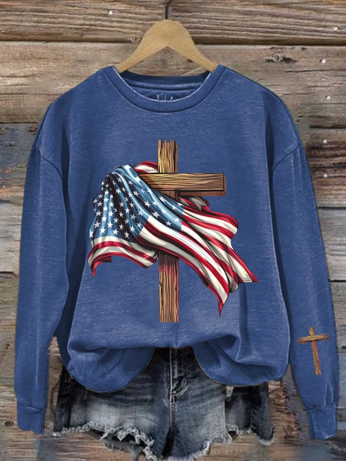Women's American Flag Cross Patriotic Crew Neck Top