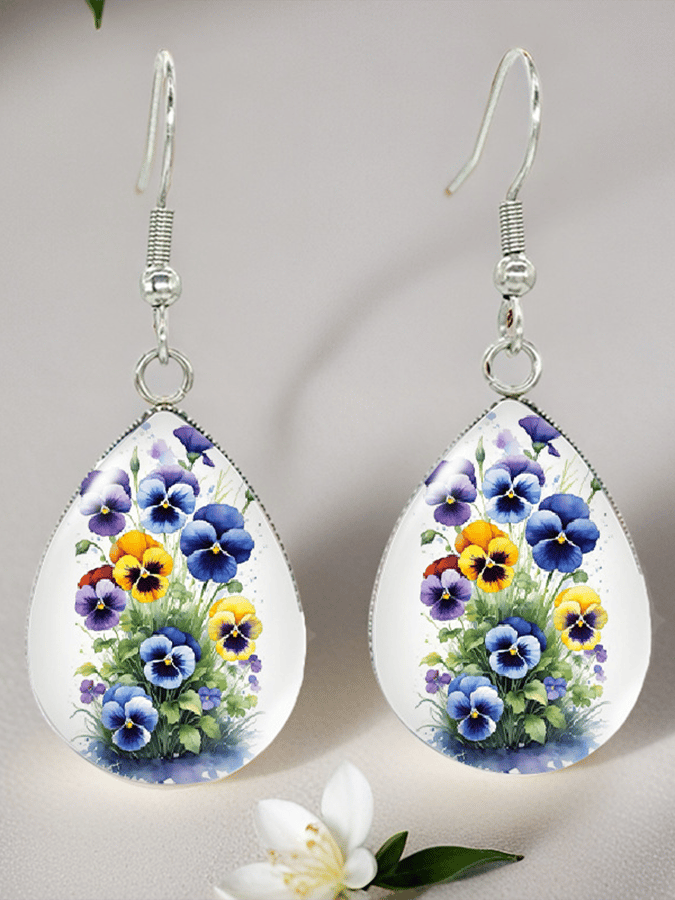 Purple Drop-Shaped Pansy Flower Design Earrings