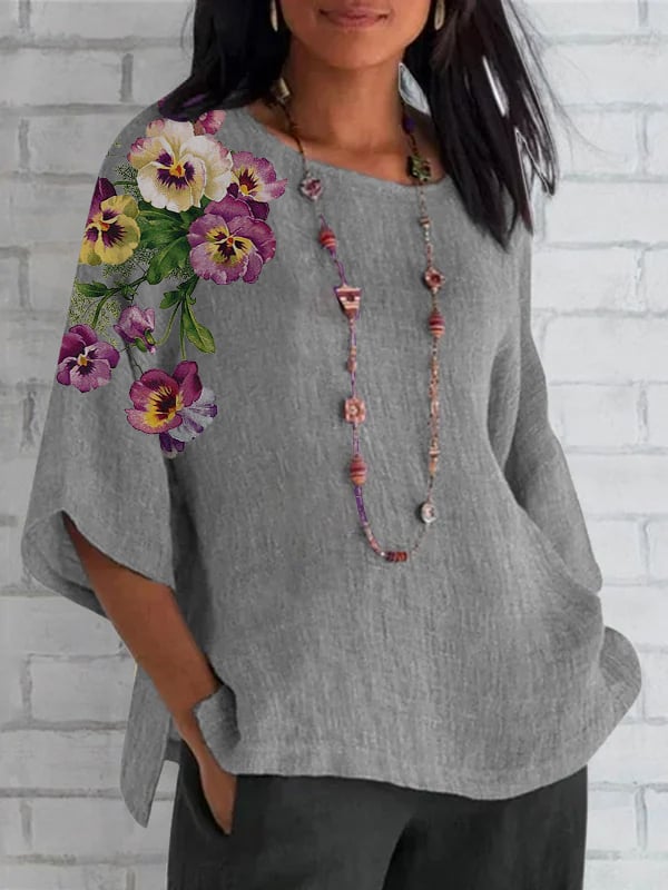 Women's Round Neck Purple Floral Print Round Neck Loose Shirt